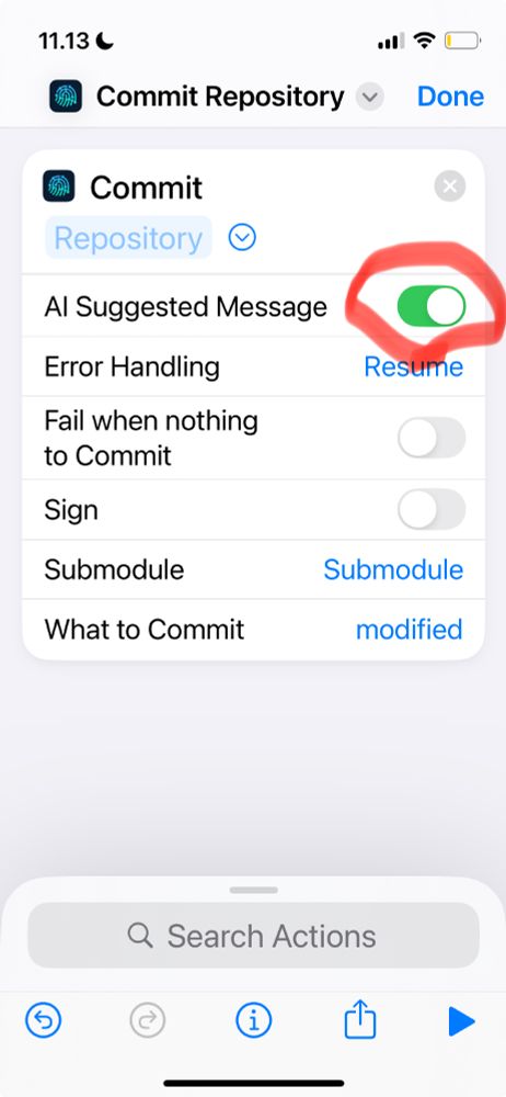 A mobile screen displaying a "Commit Repository" interface with options for enabling "AI Suggested Message," error handling, and other commit settings. A toggle switch for "AI Suggested Message" is activated.
