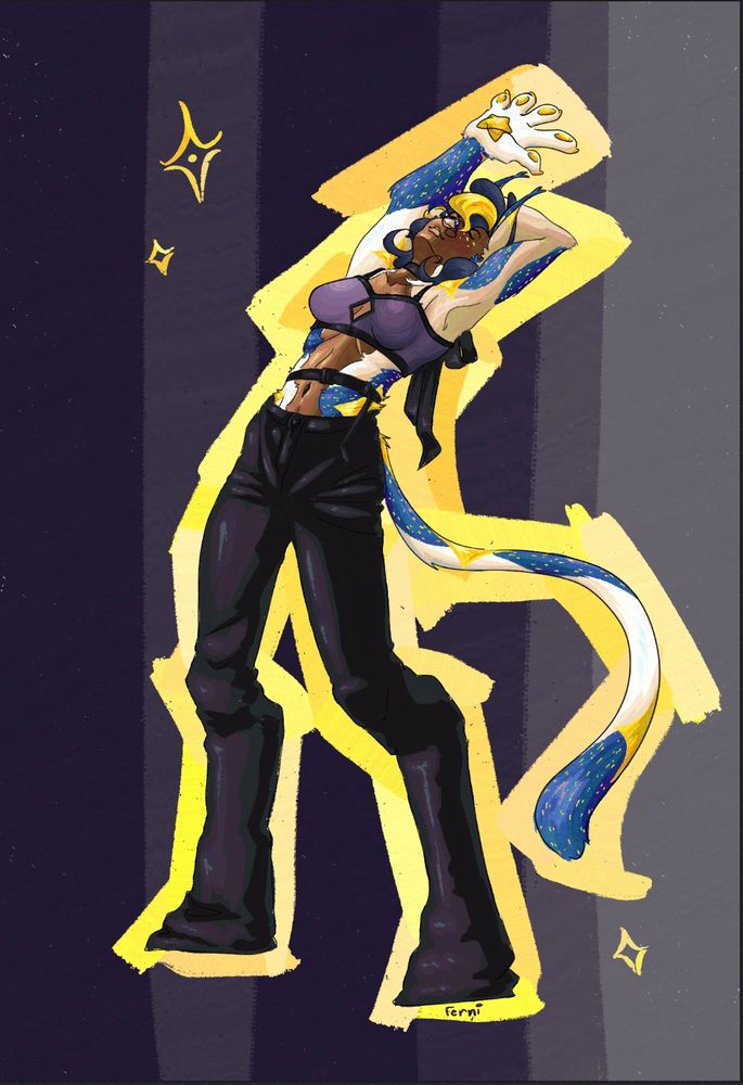 Art of my oc asher. She’s stretching back, with one arm holding the other behind her head. She’s wearing dark black pants that mimic digitigrade legs. A black bow choker is around her neck and she’s wearing a purple top. She based on a calico cat with a stary pattern. Her fur base is a slight off white with blue patches and yellow stars, bigger stars cover her hands, shoulders, hips, tail, ears, and calves. Long cat ears top her head. 