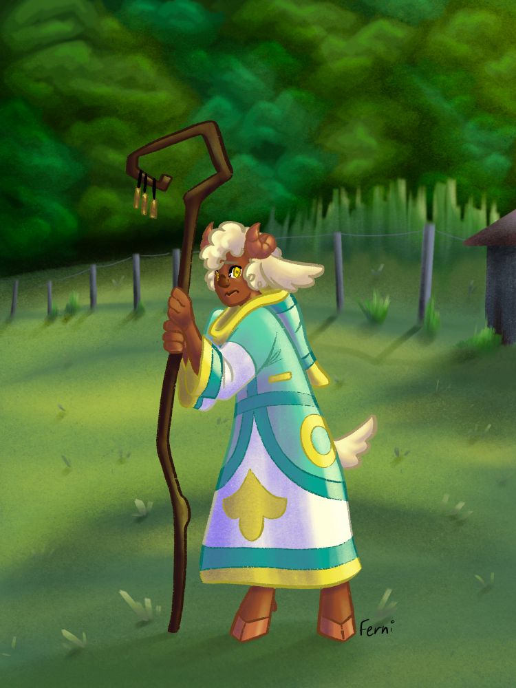 A sheep kid oc named clif, with brown skin and curly blond hair/fur. A pair of curled horns stick out from his hair and his feet are capped with hooves. Wearing a sea foam green and yellow robe, holding a crook decorated in metal chimes. Standing in a grassy field.