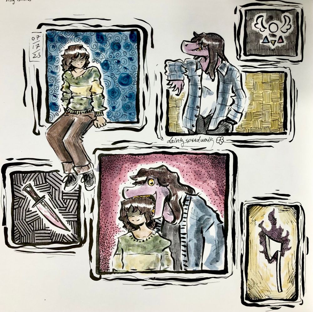A sketchbook page containing ink-and-watercolor paintings of Kris and Susie from Deltarune. One shows Susie biting the head of a smiling Kris, while another shows them staring at each other happily from across the page.