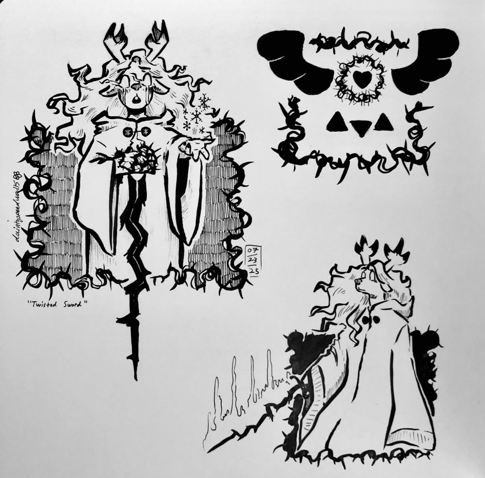 Ink drawings of Noelle Holiday from Deltarune. She is wearing her dark world outfit. Her eyes are glowing as they did during the Snowgrave spell, and she holds a jagged black sword with a basket hilt made of thorns. In the corner is the Delta Rune, but the circle has been replaced with the SOUL surrounded by the Thorn Ring.