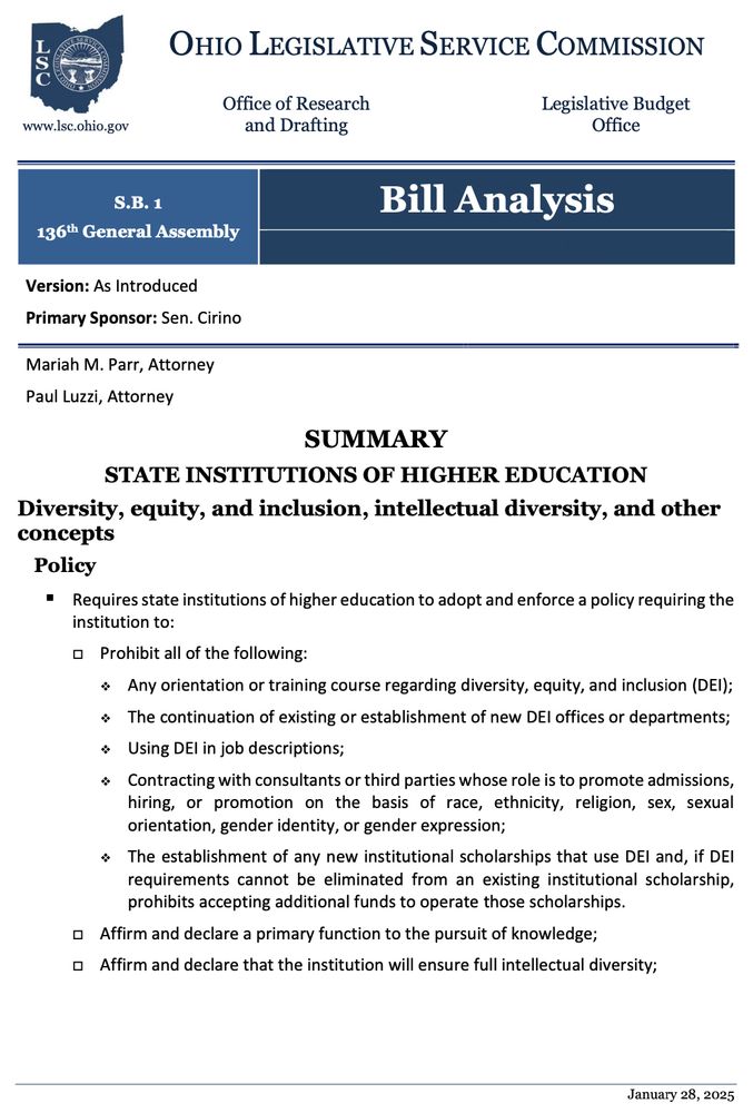 Page image from the Ohio Legislative Service Commissions summary of Senate Bill 1, which bans faculty strikes, prohibits DEI, and enforces "intellectual diversity." Available at https://www.legislature.ohio.gov/download?key=24444