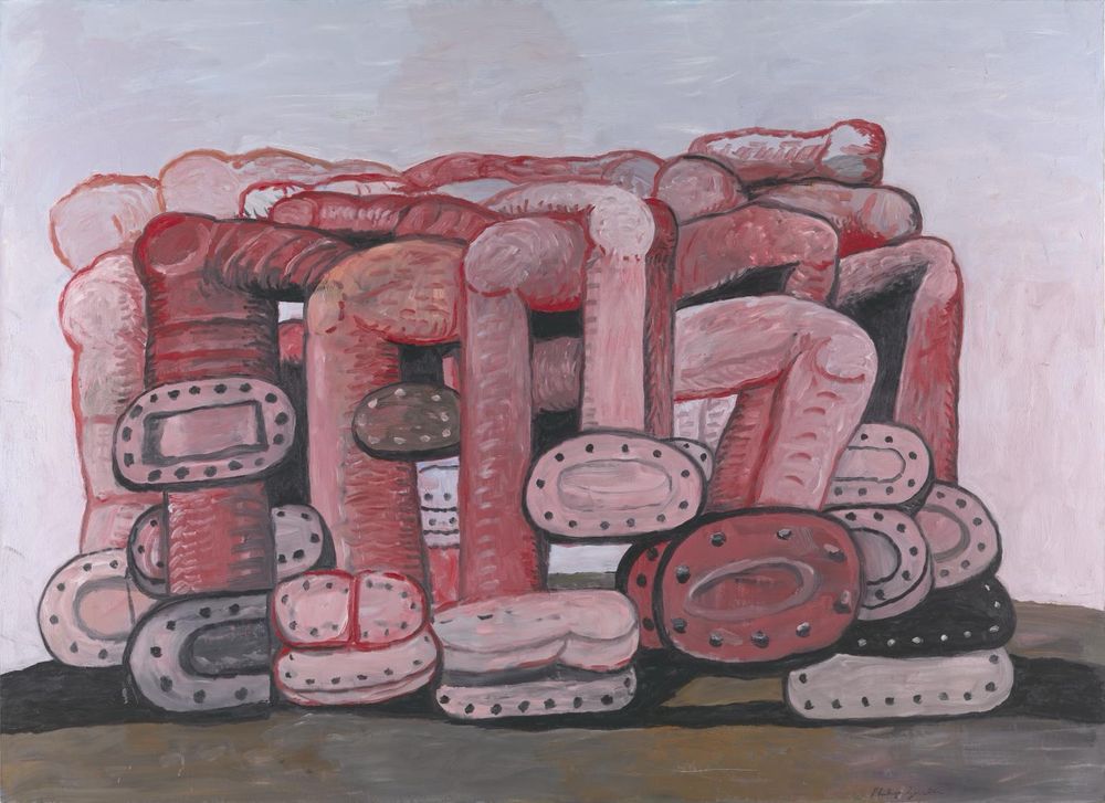 Philip Guston’s 1974 painting Monument, which depicts a giant rectangular block of formed from a tangle of legs, knees, and the nail studded bottoms of human shoes and horseshoes.