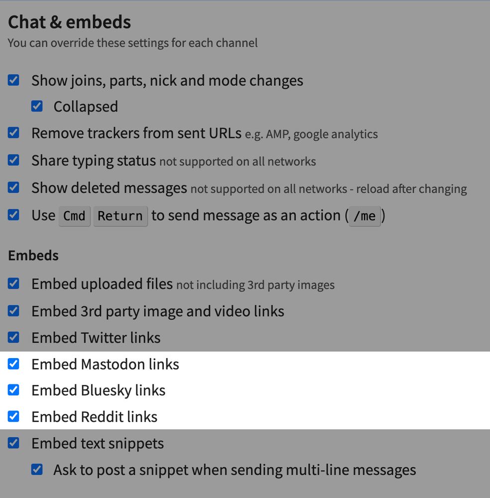 Screenshot showing the chat settings screen, highlighting options to embed Mastodon, Bluesky and Reddit links.