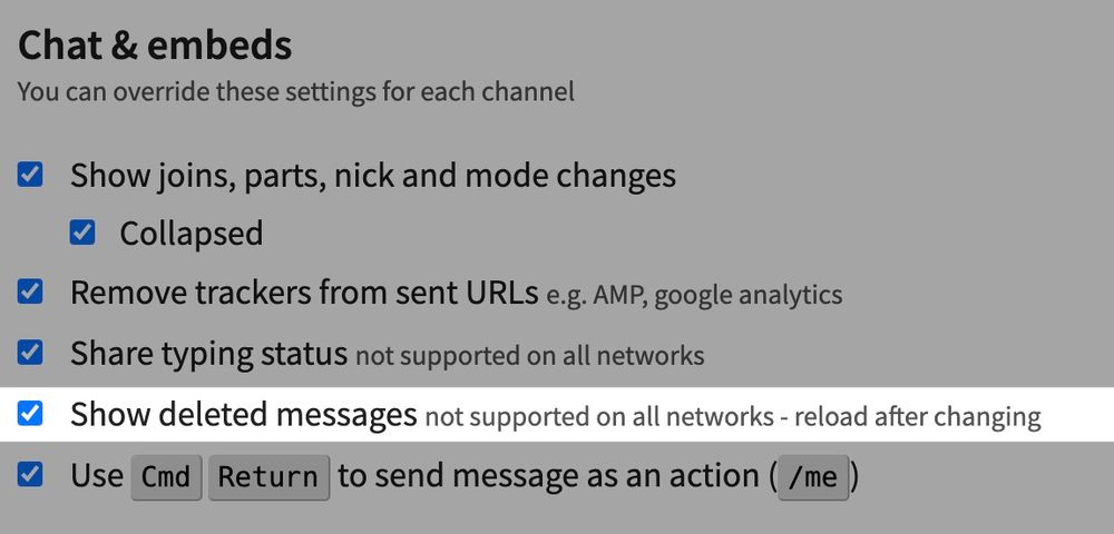Screenshot showing the chat settings screen, highlighting the option to show deleted messages.