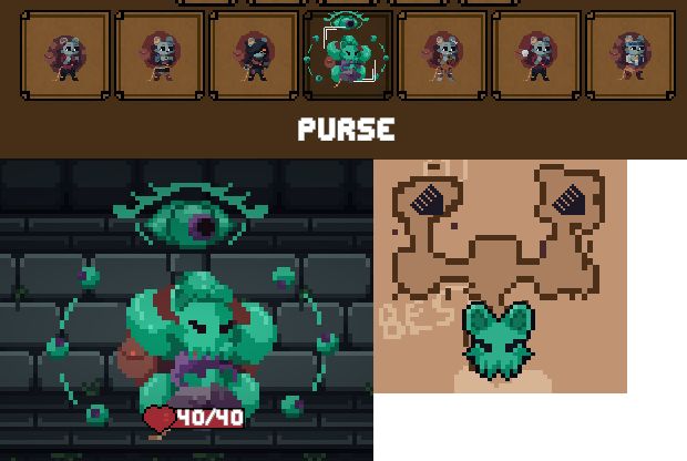 A set of screenshots from Backpack Hero showing the Purse costume selection, Satchel in the "Eldritch" costume, and the map icon for the "Eldritch".