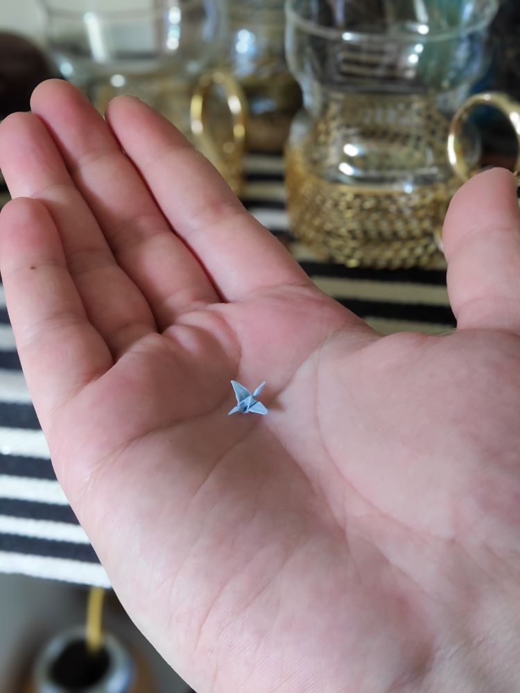 Same small origami crane on middle of the palm.