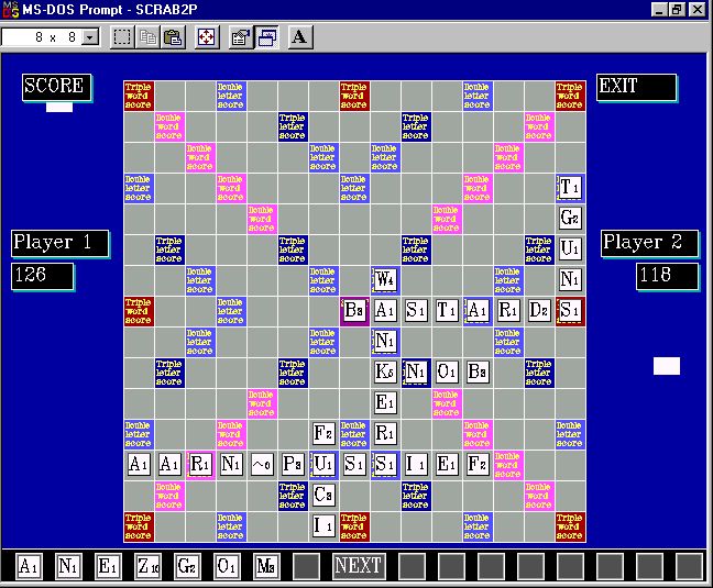 A Scrabble game running within an MS-DOS Prompt window, with words such as BASTARDS, WANKERS and KNOB on the board