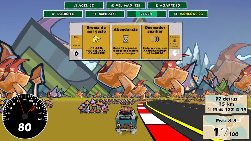 A car driving through a land of giant mushrooms, with roguelike deckbuilding cards on screen, the text is in Spanish