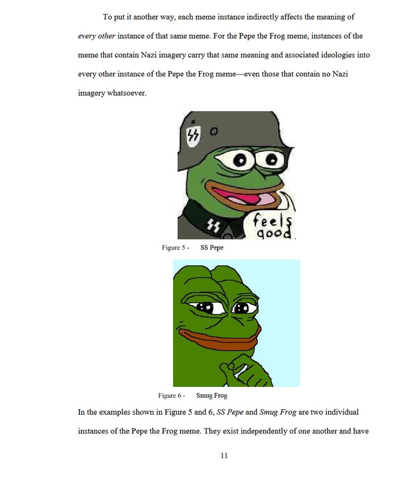 Page of text from the thesis with two Pepe the Frog meme instances on the page, one containing Nazi imagery