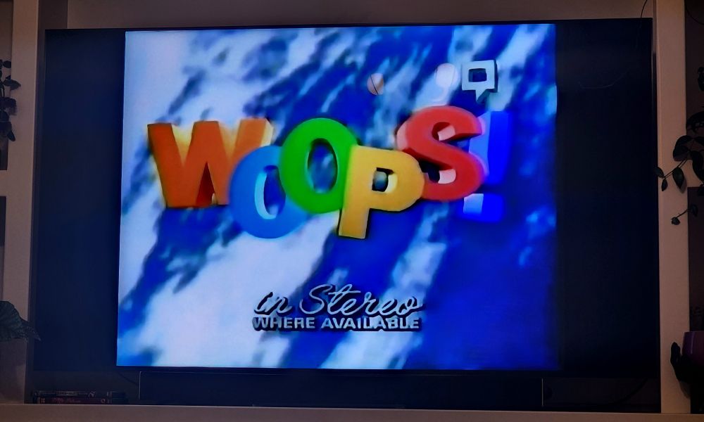 Title card for tv show "Woops!" (in stereo where available), a 1992 show that ran 13 episodes.

After an innocent misunderstanding leads to nuclear Armageddon, the only six people left alive on Earth make their way to a farm in the middle of nowhere. There, in a series of hi-jinx adventures, the misfits must put aside their differences for the sake of the species.