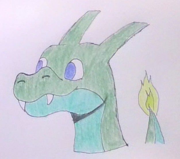 A Green and teal Charizard with blue eyes and lime green flames
