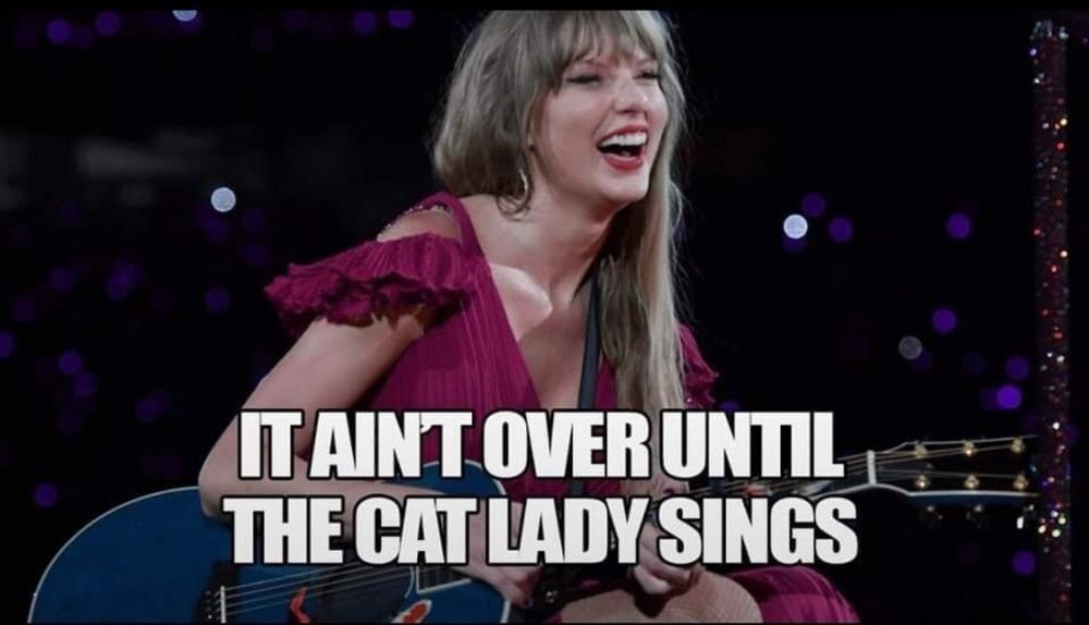 Post of Taylor Swift smiling and text It ain’t over til the cat lady sings. 