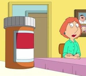 lois de family guy ansionsa nervosa se coçando olhando um frasco de remédio