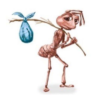 formiga triste fudida carregando uma trouxa nas costas