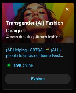 Tumblr Community entitled "Transgender (AI) Fashion Design" where the first tag is #cross dressing and the description is "(AI) Helping LGBTQA+ people to embrace themselves!...