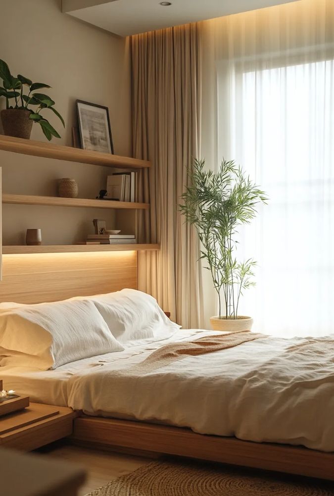 Photo of a wooden platform bed with low-profile mattress and pillows, wrapped in cream white linen sheets and pillow cases. A warm sand linen duvet sits atop, rumpled. On the wall at the head of the bed, a set of horizontal bamboo shelves, adorned with books, pottery and artwork. Underneath the shelves, warm cove mounted uplighting adds coziness. Behind the bet, a tall cream curtain sits behind a tall indoor plant. A corner of a rippled jute rug peeks out from underneath the bed.