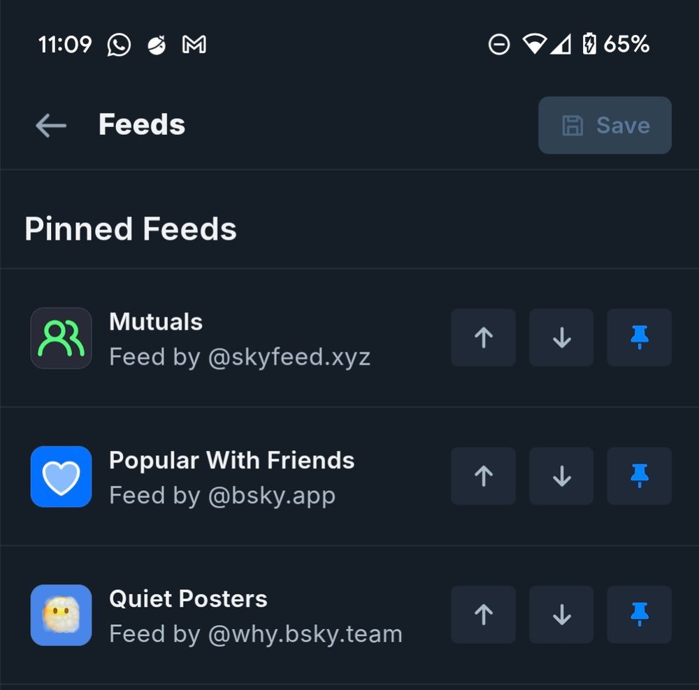 Screenshot of 3 custom newsfeed in Bluesky: Mutuals by @skyfeed.xyz, Popular with Friends by @bsky.app, and Quiet Posters by @why.bsky.tram