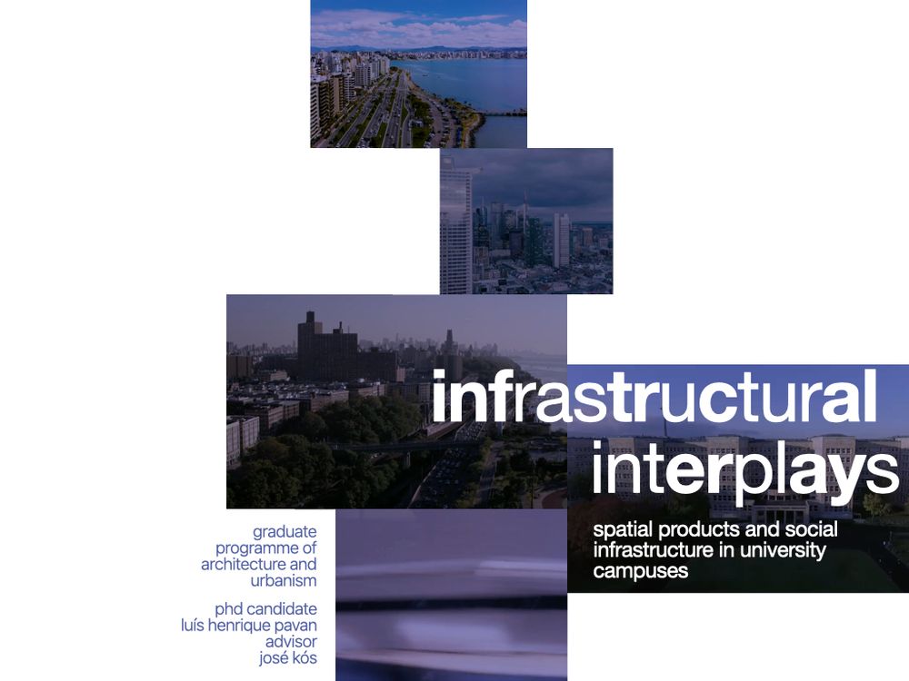 Slide featuring a collage of urban and architectural videos with overlaid text: Infrastructural Interplays: Spatial Products and Social Infrastructure in University Campuses. Graduate Programme of Architecture and Urbanism. PhD Candidate Luís Henrique Pavan. Advisor José Kós.