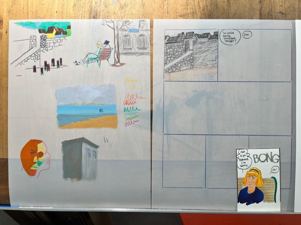 Two pages of experimental comics drafts done in a mix of gouache and colored pencil.