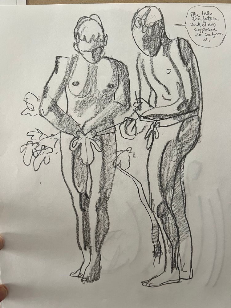 Pencil sketch of two human figures tying fig leaves around their midsections.