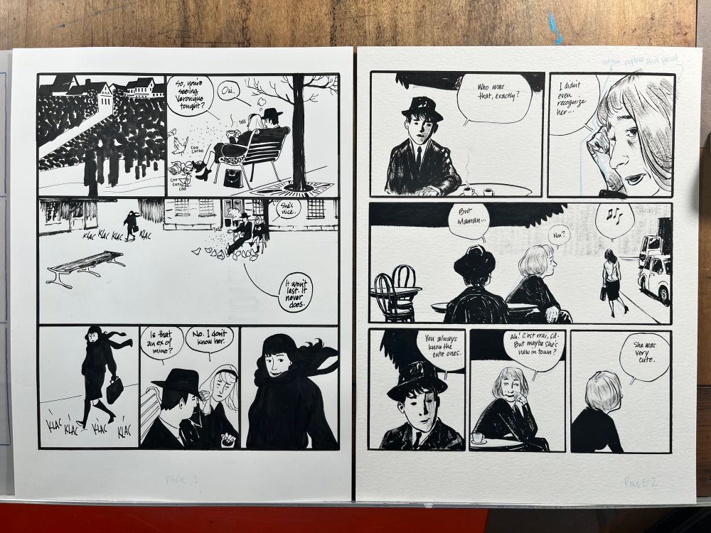 Two pages of comics artwork done in black ink.