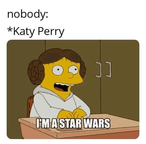 Nobody:
Katy Perry: (image of Simpsons character Ralph Wiggum dressed as Leia from Star Wars, saying "I'm a Star Wars")