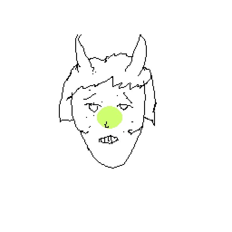 A pixel art sketch of a horned person with bony cheeks, freckles, and a green circle In the middle of their face