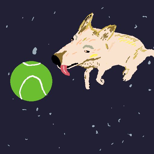 a white and brown dog floating towards a tennis ball in space