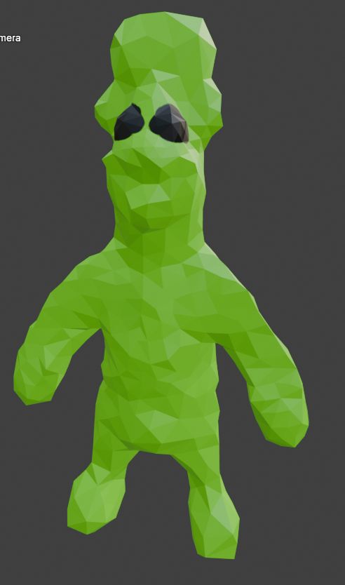 A green textured blob person with black eyes on a grey background.