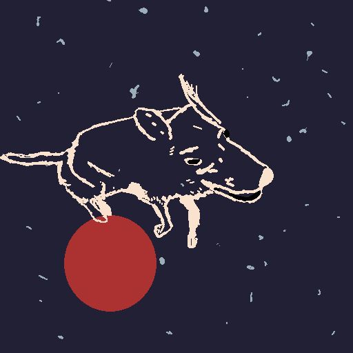 The outline of a dog floating in space above a red orb and stary background