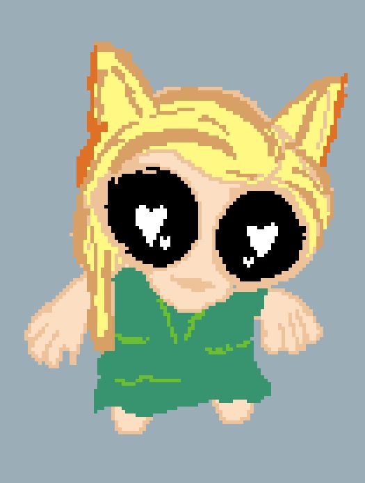 a blonde dog furry, giant eyes with hearts for pupils, wearing a green dress