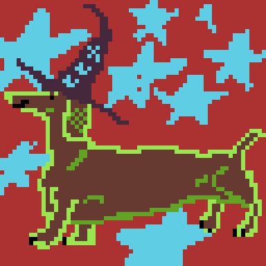 a brown, short, long dog.  with a green outline wearing a purple wizard hat.  