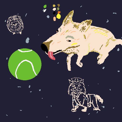 a white and brown dog floating towards a tennis ball in space, with two rough sketches of other dogs floating 