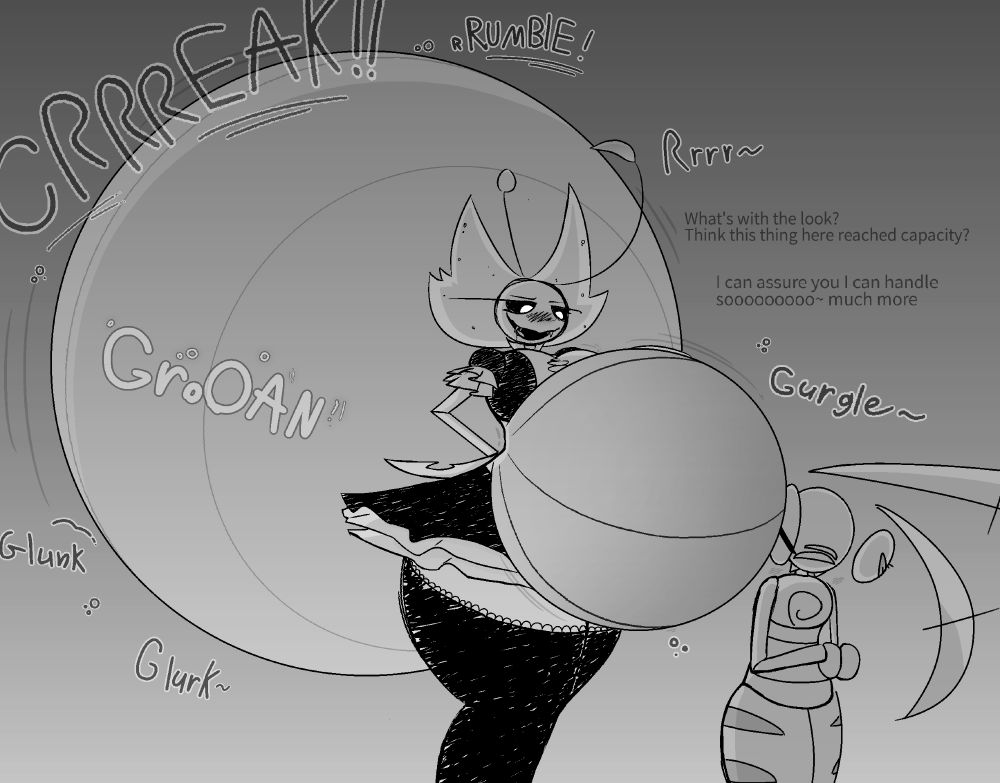 Carol stuffing themselves with a extortionate volume of food stuffs, her bellies protesting audibly with groans, gurgles and creaks. Resting a claw on her thigh and gut for support cause of how drum-tight packed her stomachs are. In the meanwhile pressing her belly onto Buggle