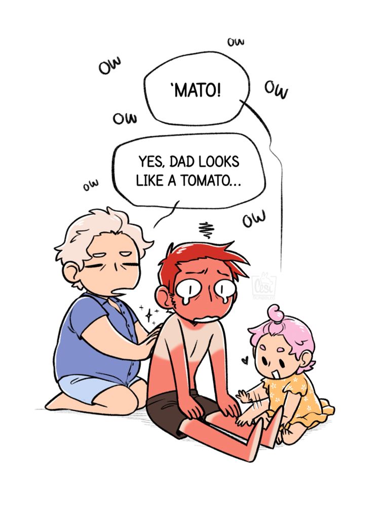 A bit later you see Crowley with a big sunburn while Azi tries to heal him.

Astra:"'Mato"
Aziraphale:"Yes, Dad looks like a tomato..."