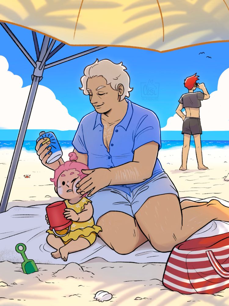 Good Onens Ineffable Family AU

Aziraphale and Astra sit under a parasol at the beach. Azi is rubbing some sunscreen on Astra's cheek while she is holding a red bucket. In the backgrounf you see Crowley looking at the sea.