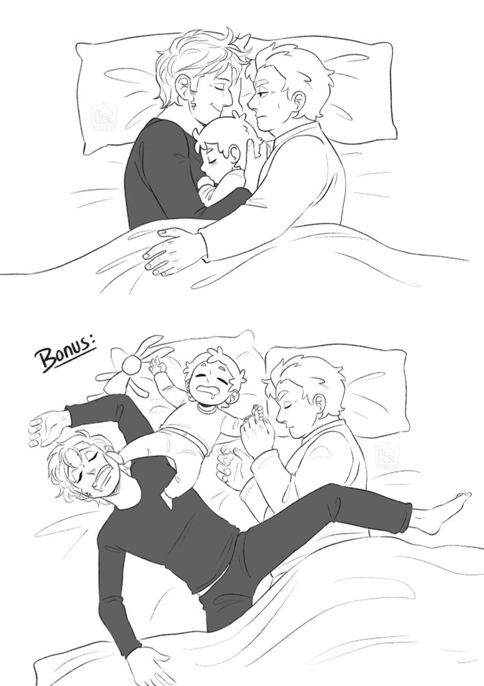 First panel:
Same like the last panel of the previous page with them laying in bed and Astra sleeping between them.
Crowley cheekly smiles and Azira just looks at him deadpanned.

Second panel: Bonus!
A few hours later where they are all asleep:
Azira pretty didn't move much while Crowley and Astra are absolute chaos sleeper and all over the place. 