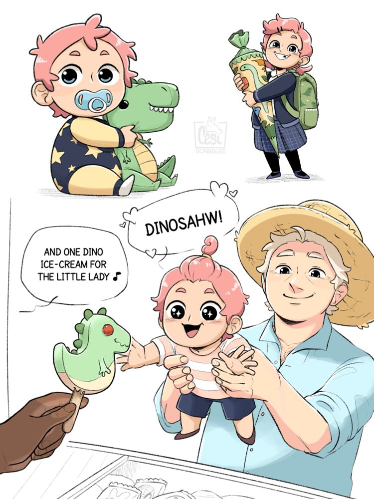 1st pic: Baby Astra with a t-rex plushie.

2nd: First day at school Astra with a dinosaur  School Cone

3rd pic: Toddler Astra getting a dinosaur shaped ice cream (Aziraphale holding her up so she can reach for it)
Person:"And one dino ice-cream for the little lady"
Astra:"DINOSAHW!"