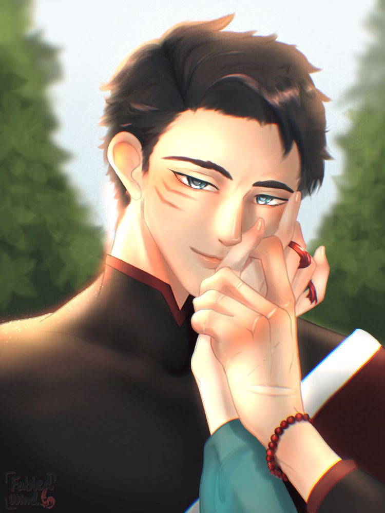 Jie's character Chengyu, smiling gently while holding his boyfriend's hand. The background is a simple few bushes. An attack for artfight! 