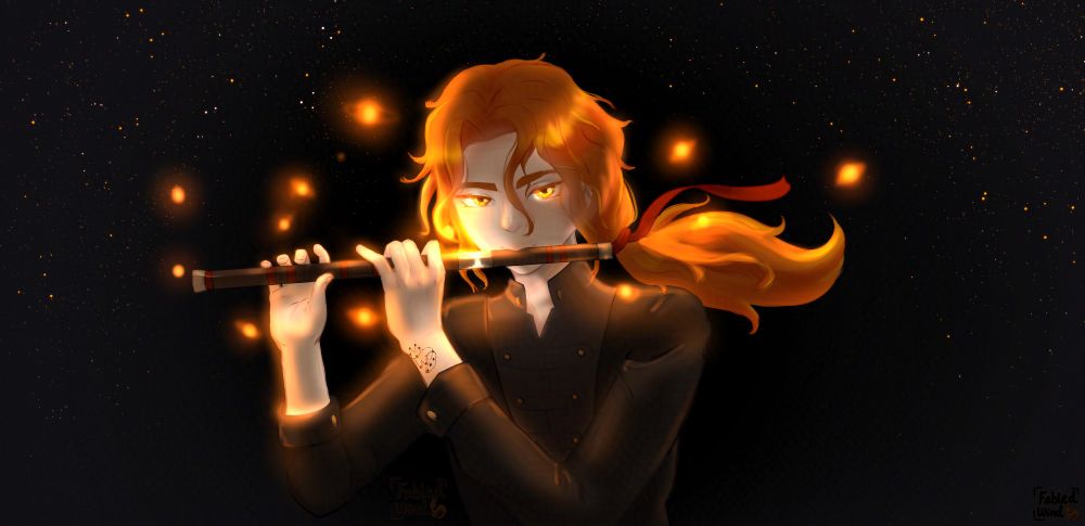 An orange haired boy with a red ribbon in his hair is staring at the camera, holding a flue in his hands. His golden eyes seem to be glowing.  around him are glowing orange stars. He wears a black guard's uniform. in the background, a starry night sky. 