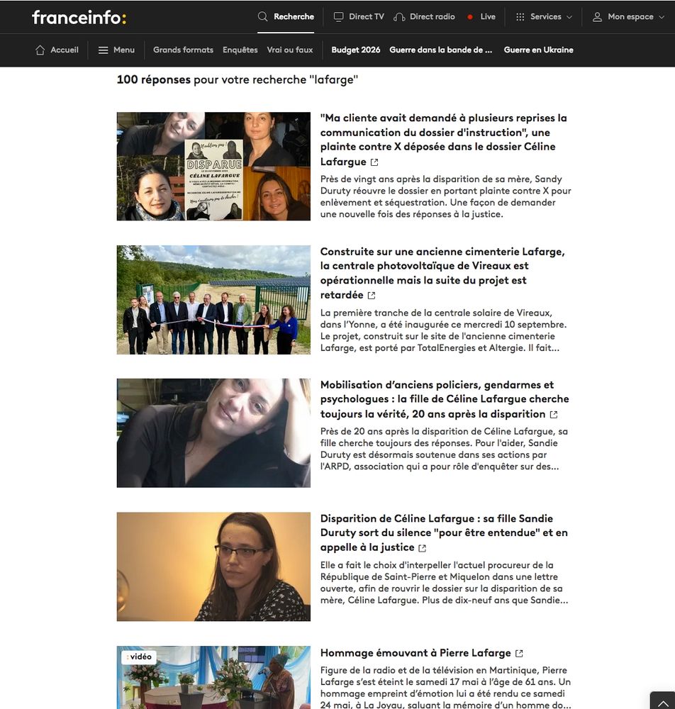 Résultats du moteur de recherche de France Info sans aucune mention récente de l'affaire Lafarge