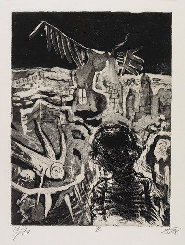 abstracted city landscape with black night sky; thin, dark man with wild eyes and bared teeth in LRC