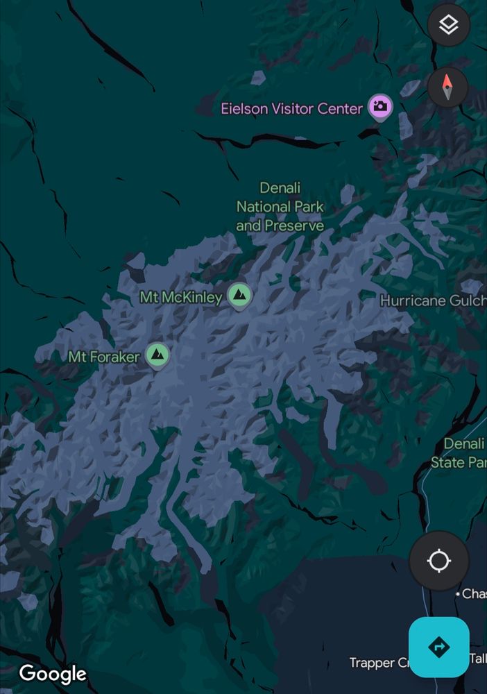 A screenshot of the map of the area around the Denali National Park & Preserve showing the highest peak known as Denali has been erroneously renamed as "Mt. McKinley" due to the white supremacist agenda of the Trump administration.