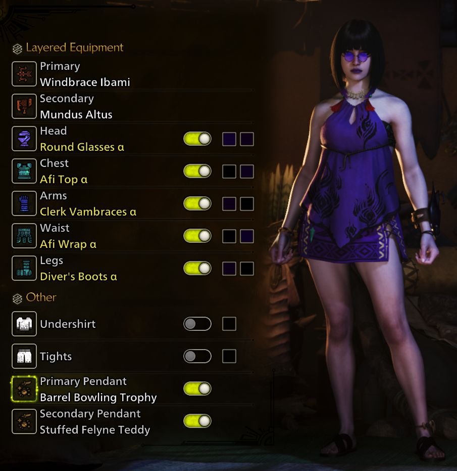 A screenshot from Monster Hunter Wilds.

The hunter is dressed for summer! Set includes:
- Round Glasses a
- Afi Top a
- Clerk Vambraces a
- Afi Wrap a
- Diver's Boots a