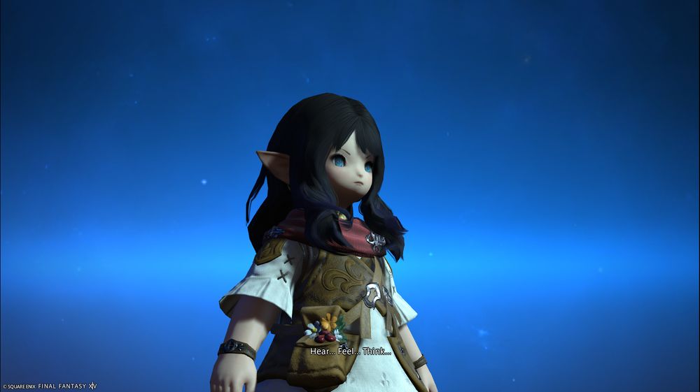 A Lalafell from Final Fantasy 14. She has Black hair with a hint of Blue, pale skin and blue eyes. She is standing in a blue void and wearing the beginner adventurers clothes.