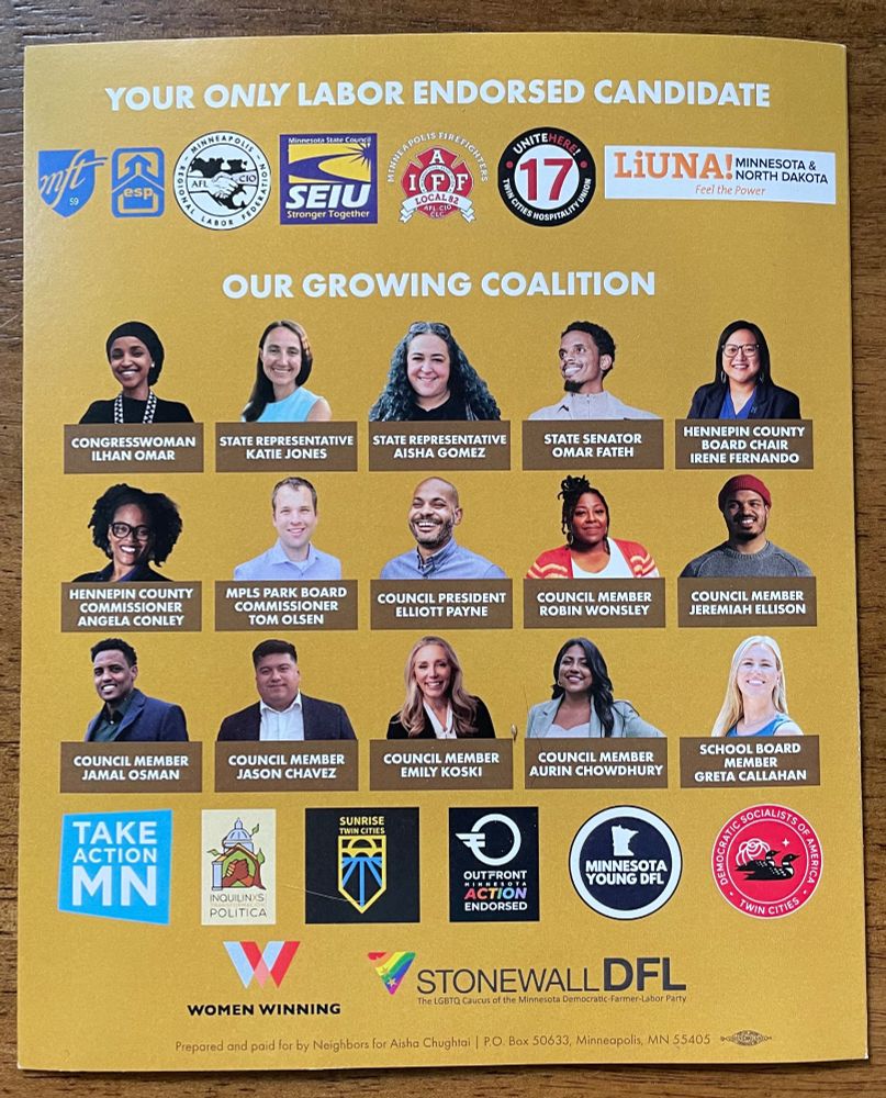 Lit back cover: endorsements from groups and electeds