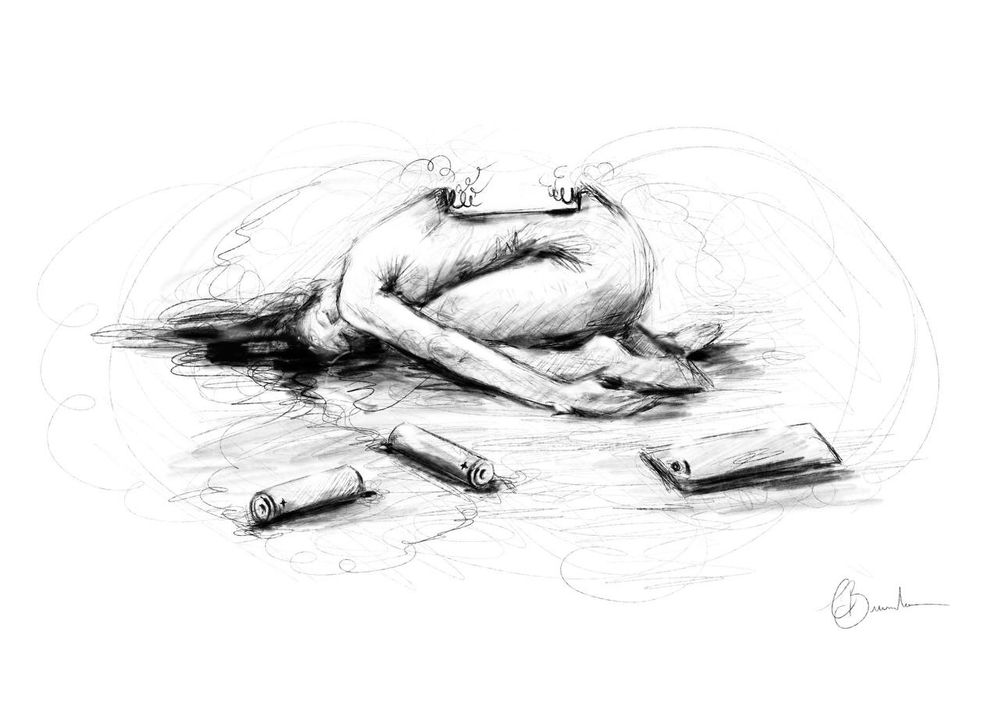 A drawing of a naked human on the ground, folded with their legs under them and their arms stretched behind them. A section of their back is missing, with springs coming out of it. In the foreground are two batteries and a battery cover, as if they had spontaneously sprung out of the person’s body.
