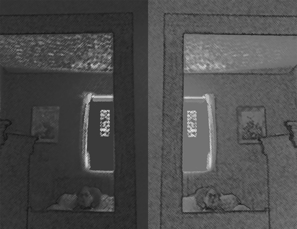 Two black and white stylized images, the same on each side, one turned toward the left and one toward the right. The left side is dark grey, and the right side is light grey. It shows a bed, dresser, piece of artwork, and closed window reflected in a mirror, with a human face propped up on pillows at the bottom. 