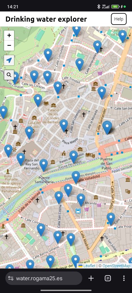 Mapa de fuentes de agua en la que se ve el centro de Burgos
